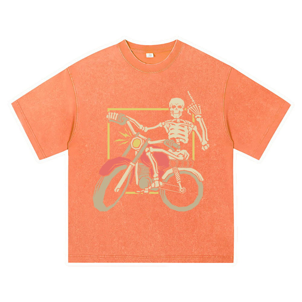 270GSM Heavy Cotton T-SHirt ACID Tees Washed Vintage T-Shirts Skeleton Riding Motorcycle DTG Print TShirts