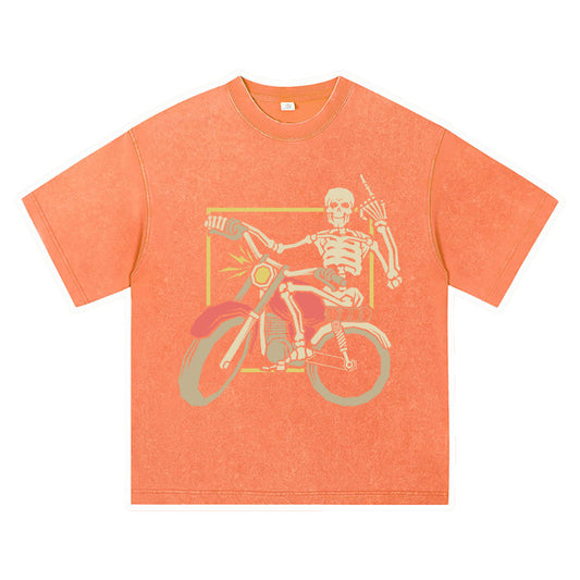 270GSM Heavy Cotton T-SHirt ACID Tees Washed Vintage T-Shirts Skeleton Riding Motorcycle DTG Print TShirts