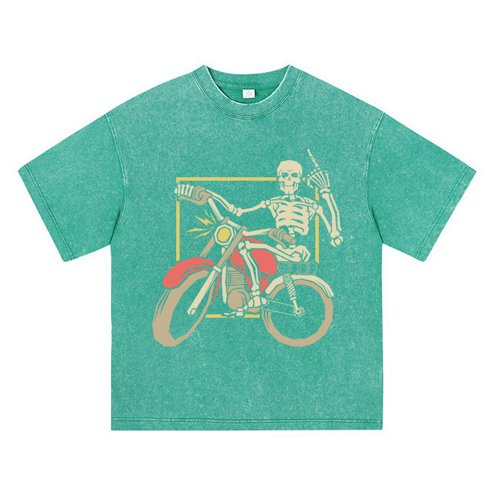 270GSM Heavy Cotton T-SHirt ACID Tees Washed Vintage T-Shirts Skeleton Riding Motorcycle DTG Print TShirts