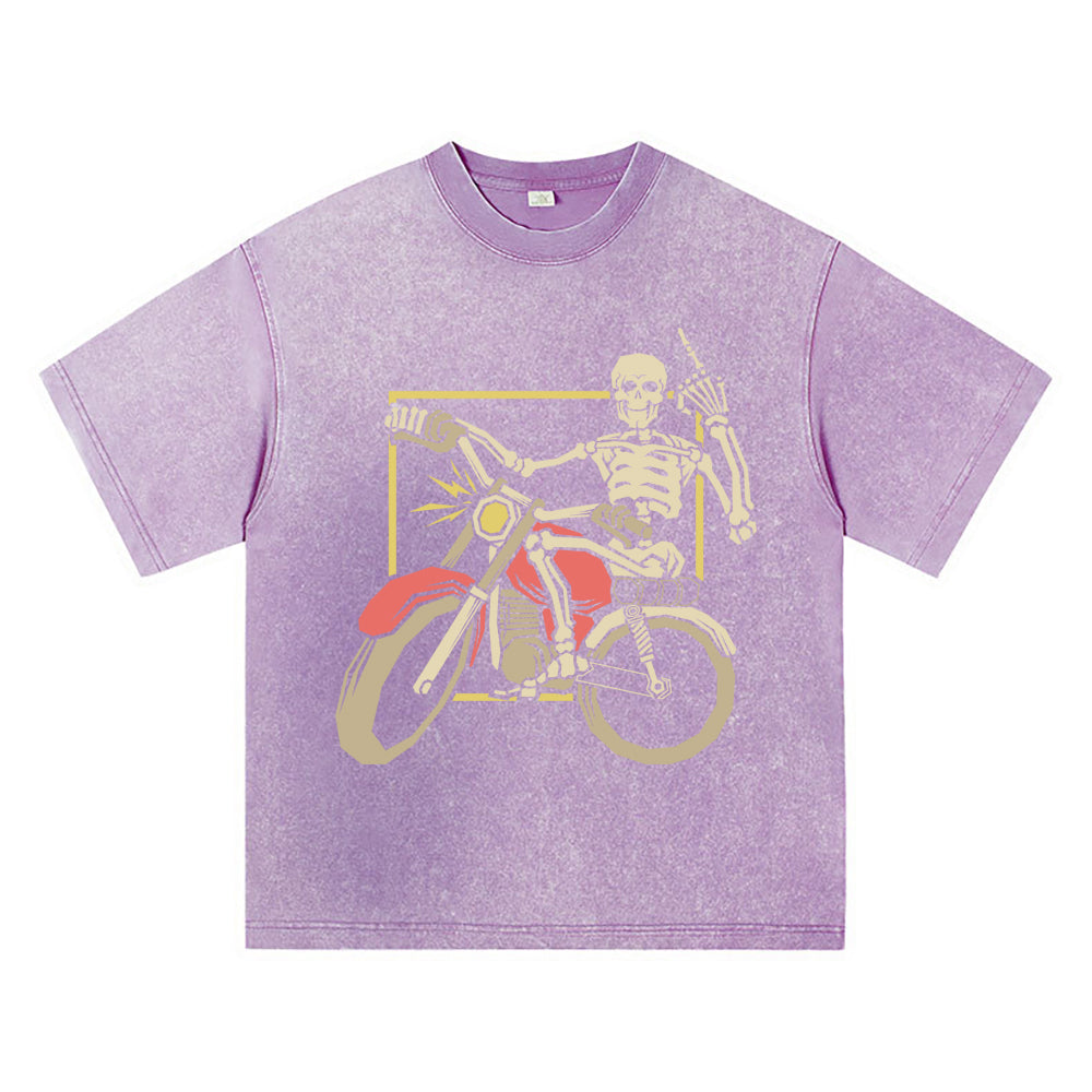 270GSM Heavy Cotton T-SHirt ACID Tees Washed Vintage T-Shirts Skeleton Riding Motorcycle DTG Print TShirts