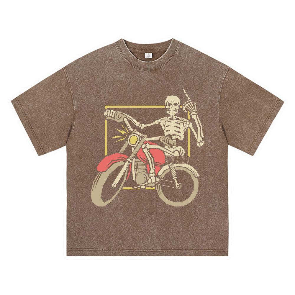 270GSM Heavy Cotton T-SHirt ACID Tees Washed Vintage T-Shirts Skeleton Riding Motorcycle DTG Print TShirts