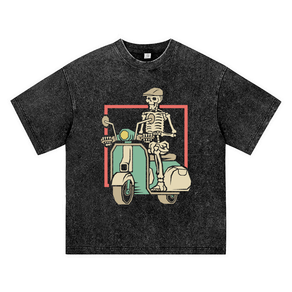 270GSM Heavy Cotton T-SHirt ACID Tees Washed Vintage T-Shirts Skeleton Riding Scooter DTG Print TShirts