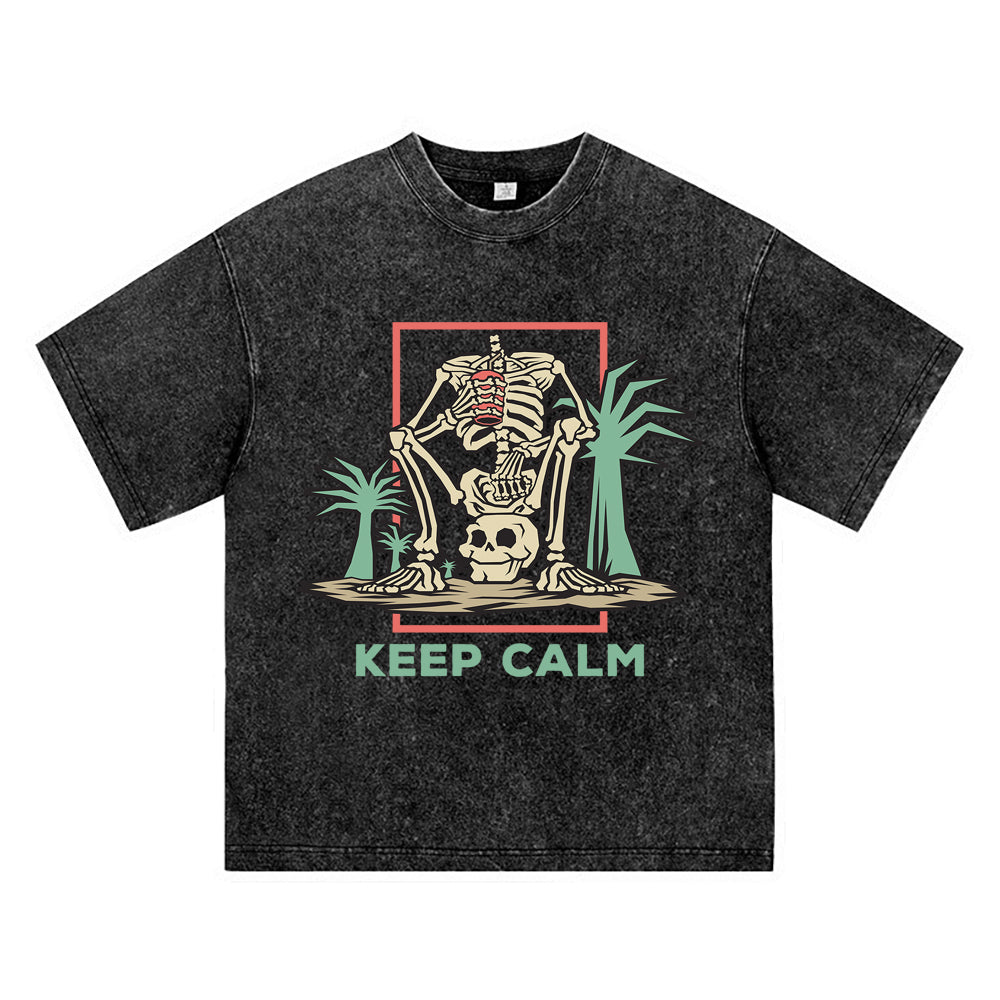 270GSM Heavy Cotton T-SHirt ACID Tees Washed Vintage T-Shirts Skeleton Sitting His Head DTG Print TShirts