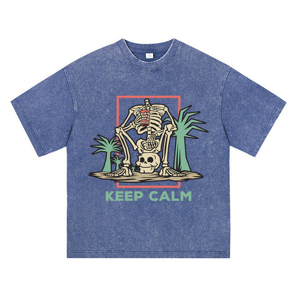 270GSM Heavy Cotton T-SHirt ACID Tees Washed Vintage T-Shirts Skeleton Sitting His Head DTG Print TShirts