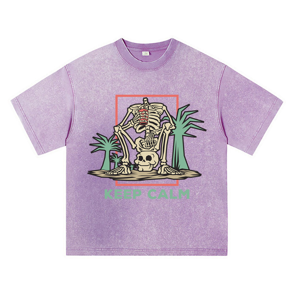 270GSM Heavy Cotton T-SHirt ACID Tees Washed Vintage T-Shirts Skeleton Sitting His Head DTG Print TShirts