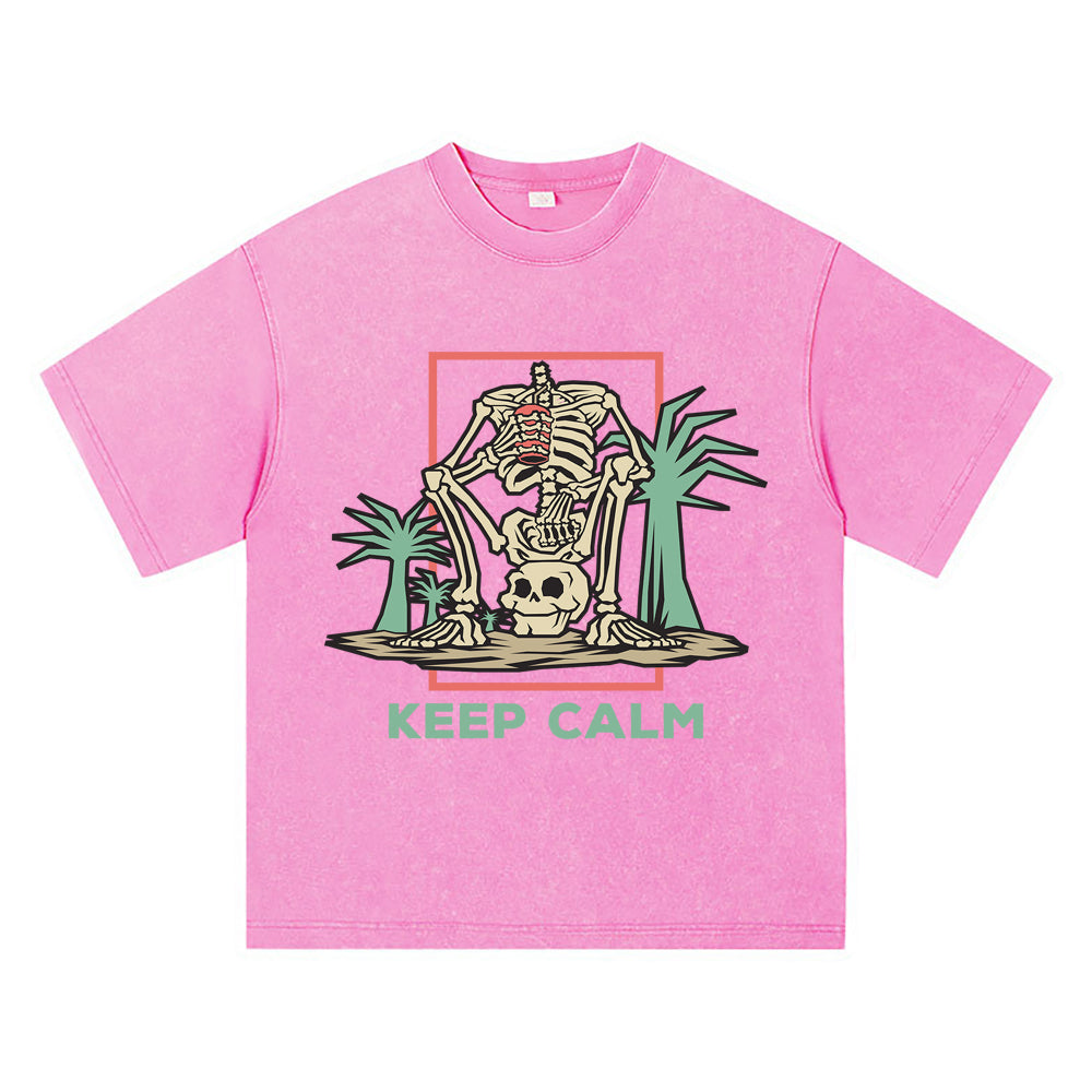 270GSM Heavy Cotton T-SHirt ACID Tees Washed Vintage T-Shirts Skeleton Sitting His Head DTG Print TShirts