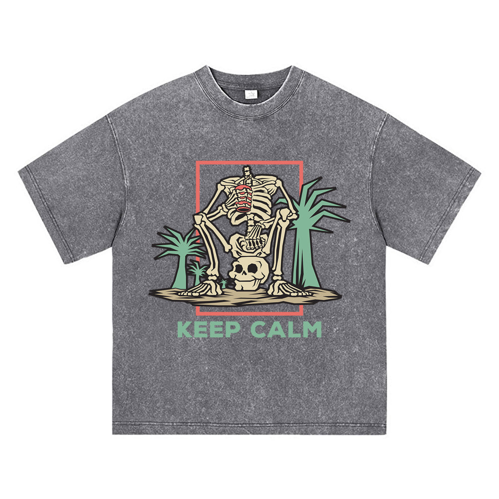 270GSM Heavy Cotton T-SHirt ACID Tees Washed Vintage T-Shirts Skeleton Sitting His Head DTG Print TShirts