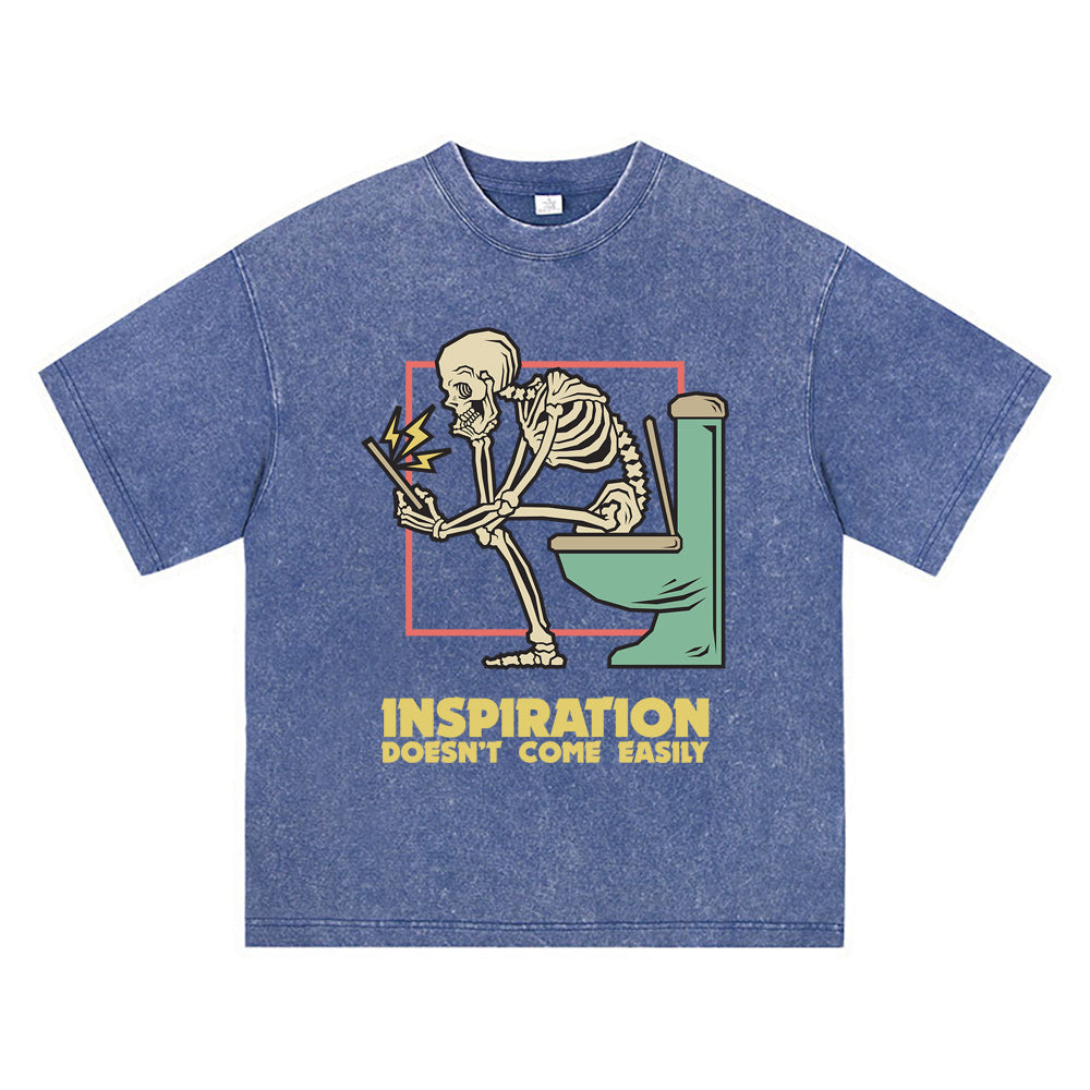 270GSM Heavy Cotton T-SHirt ACID Tees Washed Vintage T-Shirts Skeleton Sitting Toilet DTG Print TShirts