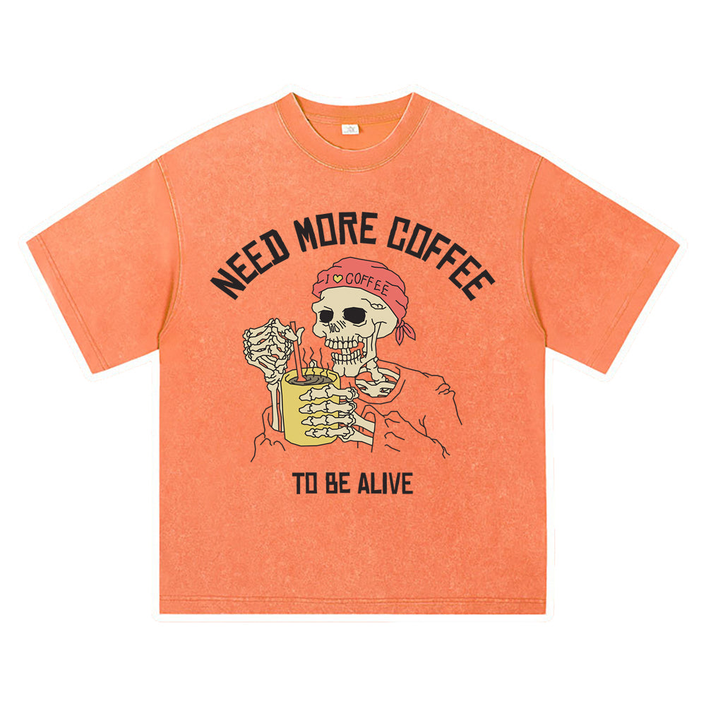 270GSM Heavy Cotton T-SHirt ACID Tees Washed Vintage T-Shirts Skeleton Stirring Coffee DTG Print TShirts