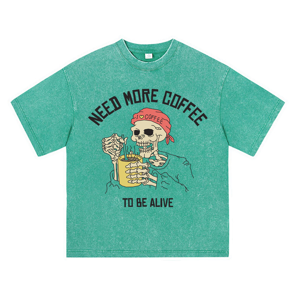 270GSM Heavy Cotton T-SHirt ACID Tees Washed Vintage T-Shirts Skeleton Stirring Coffee DTG Print TShirts