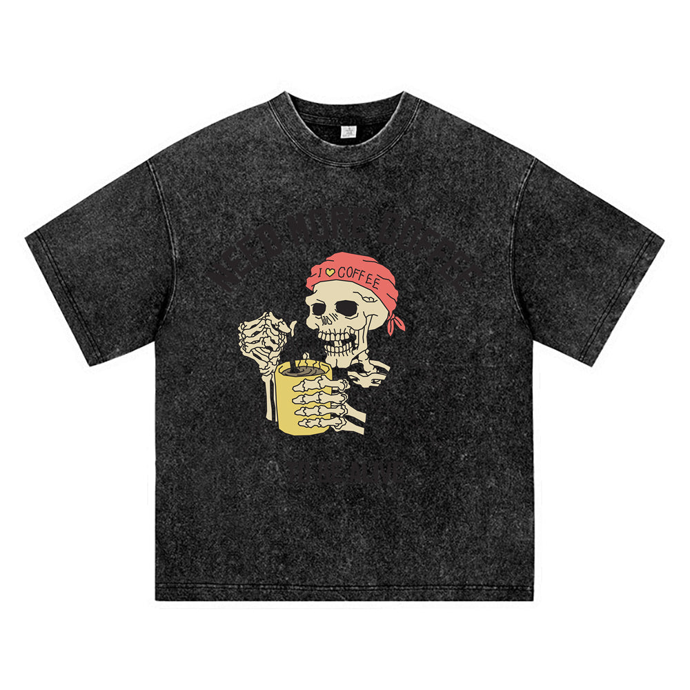 270GSM Heavy Cotton T-SHirt ACID Tees Washed Vintage T-Shirts Skeleton Stirring Coffee DTG Print TShirts