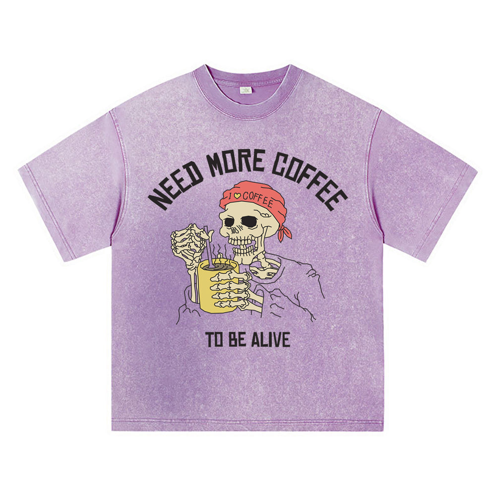 270GSM Heavy Cotton T-SHirt ACID Tees Washed Vintage T-Shirts Skeleton Stirring Coffee DTG Print TShirts