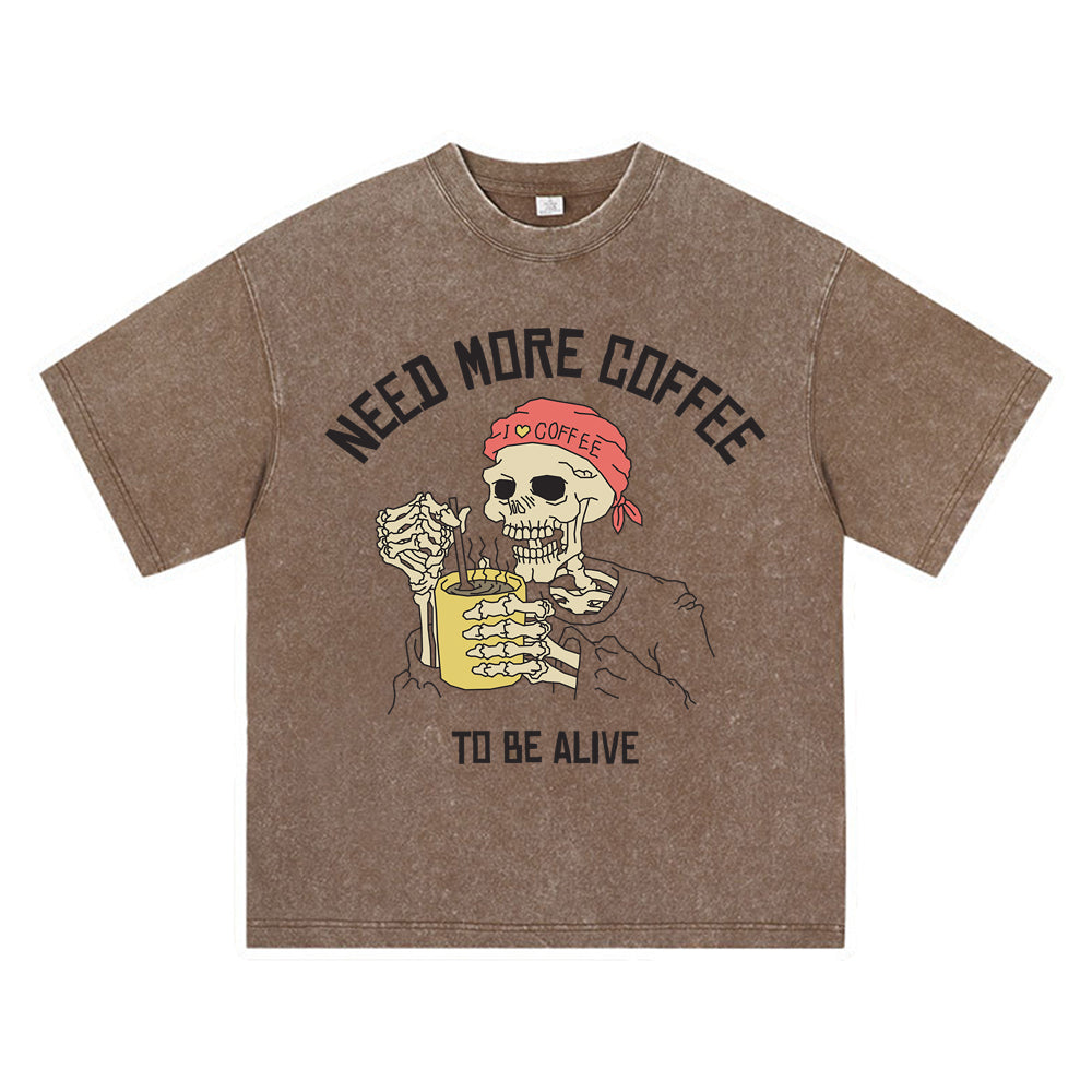 270GSM Heavy Cotton T-SHirt ACID Tees Washed Vintage T-Shirts Skeleton Stirring Coffee DTG Print TShirts