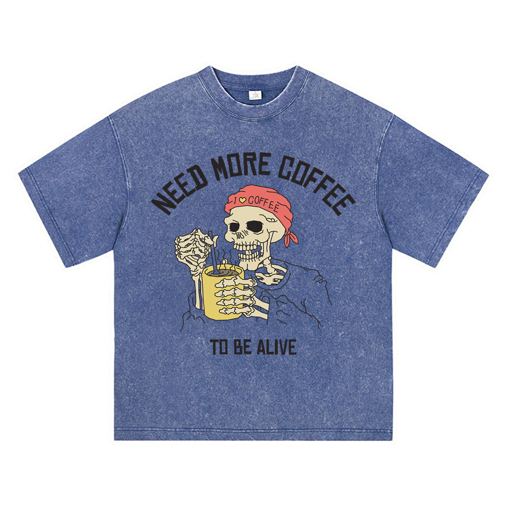 270GSM Heavy Cotton T-SHirt ACID Tees Washed Vintage T-Shirts Skeleton Stirring Coffee DTG Print TShirts