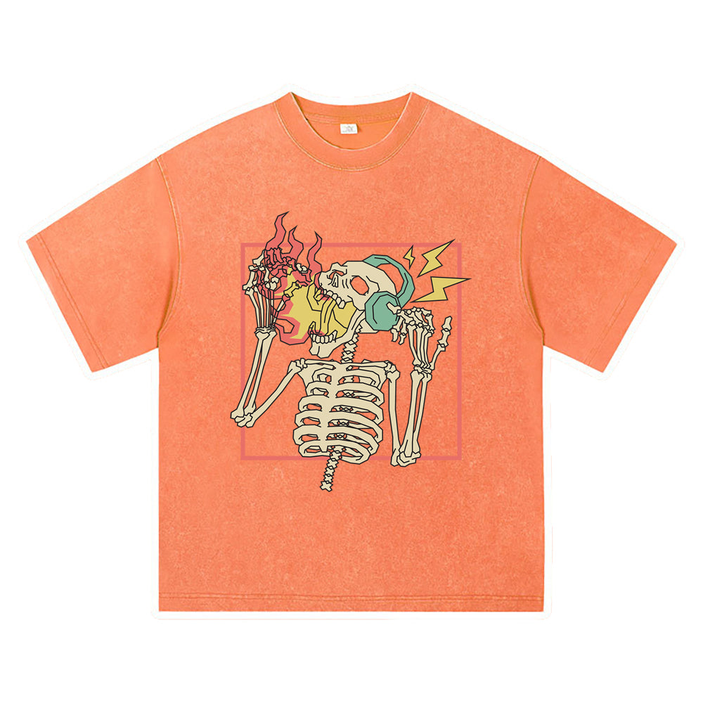 270GSM Heavy Cotton T-SHirt ACID Tees Washed Vintage T-Shirts Skeleton Wearing Headphone DTG Print TShirts