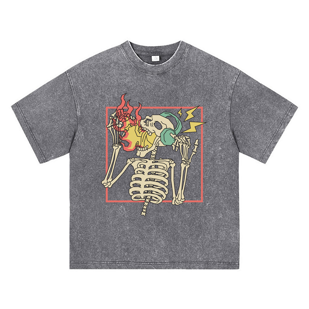 270GSM Heavy Cotton T-SHirt ACID Tees Washed Vintage T-Shirts Skeleton Wearing Headphone DTG Print TShirts