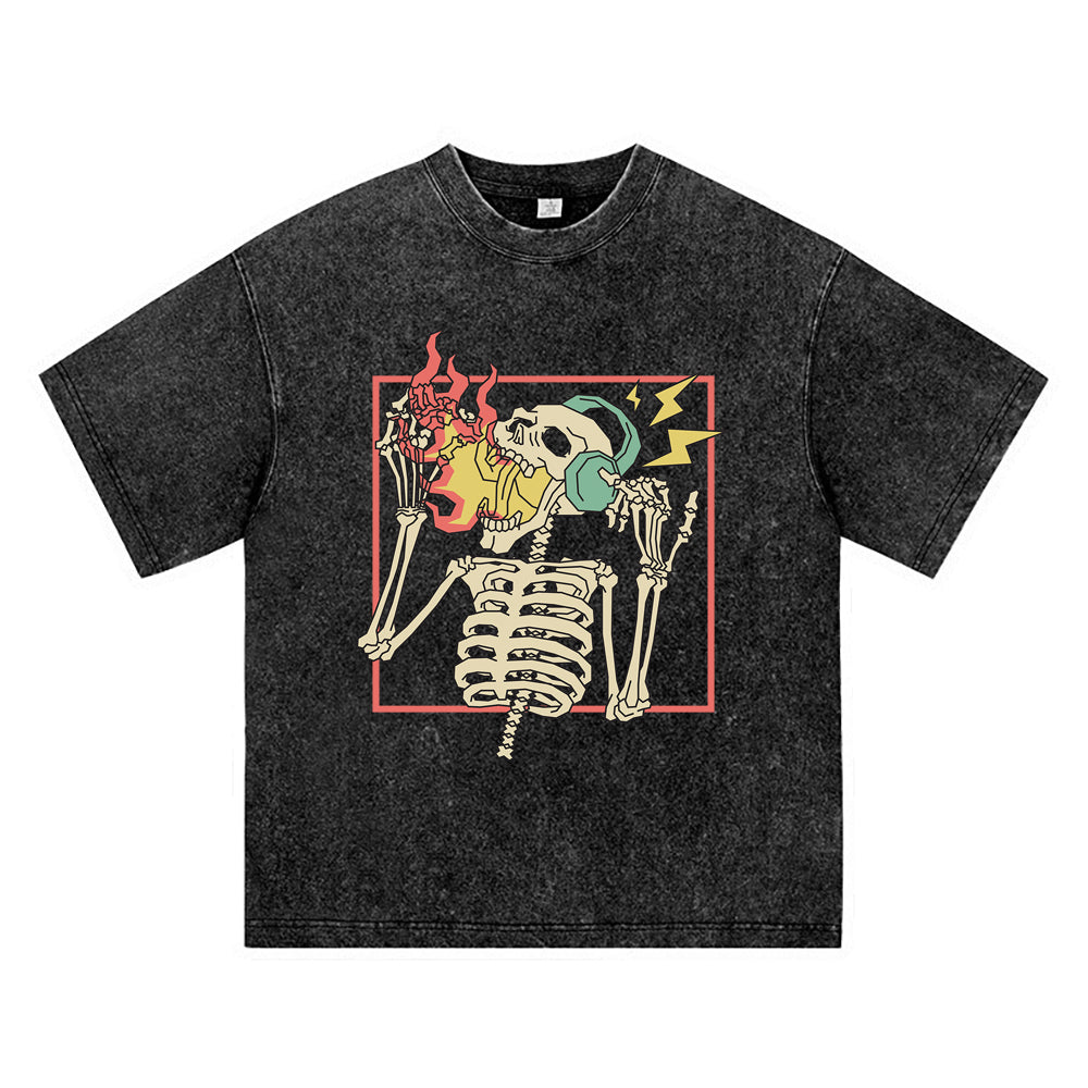 270GSM Heavy Cotton T-SHirt ACID Tees Washed Vintage T-Shirts Skeleton Wearing Headphone DTG Print TShirts