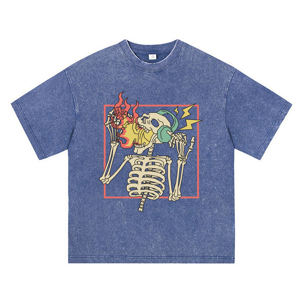 270GSM Heavy Cotton T-SHirt ACID Tees Washed Vintage T-Shirts Skeleton Wearing Headphone DTG Print TShirts