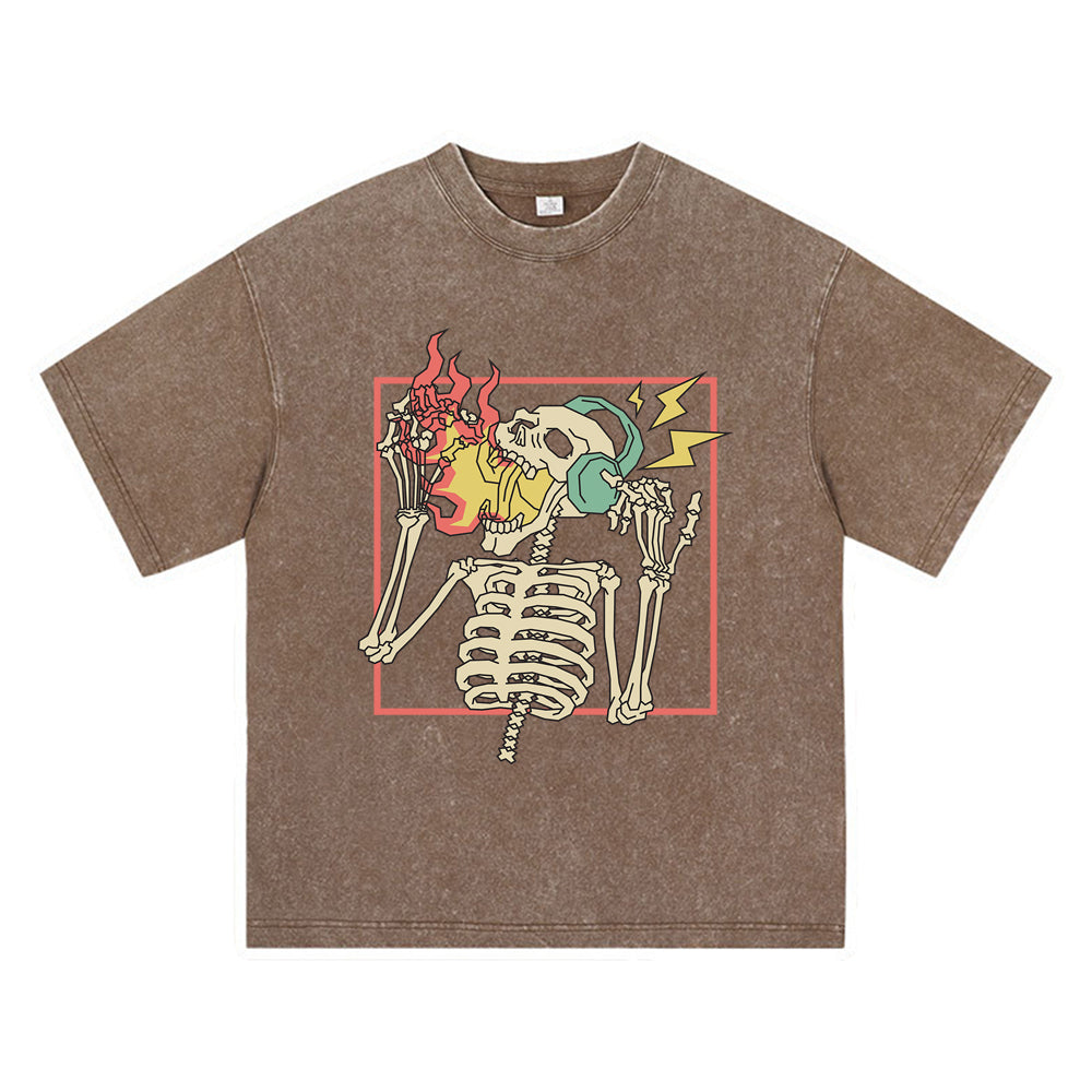 270GSM Heavy Cotton T-SHirt ACID Tees Washed Vintage T-Shirts Skeleton Wearing Headphone DTG Print TShirts