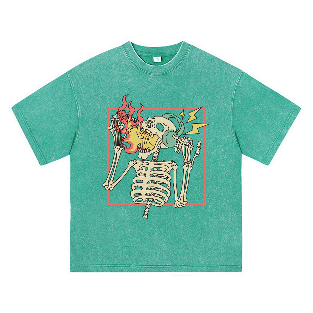 270GSM Heavy Cotton T-SHirt ACID Tees Washed Vintage T-Shirts Skeleton Wearing Headphone DTG Print TShirts