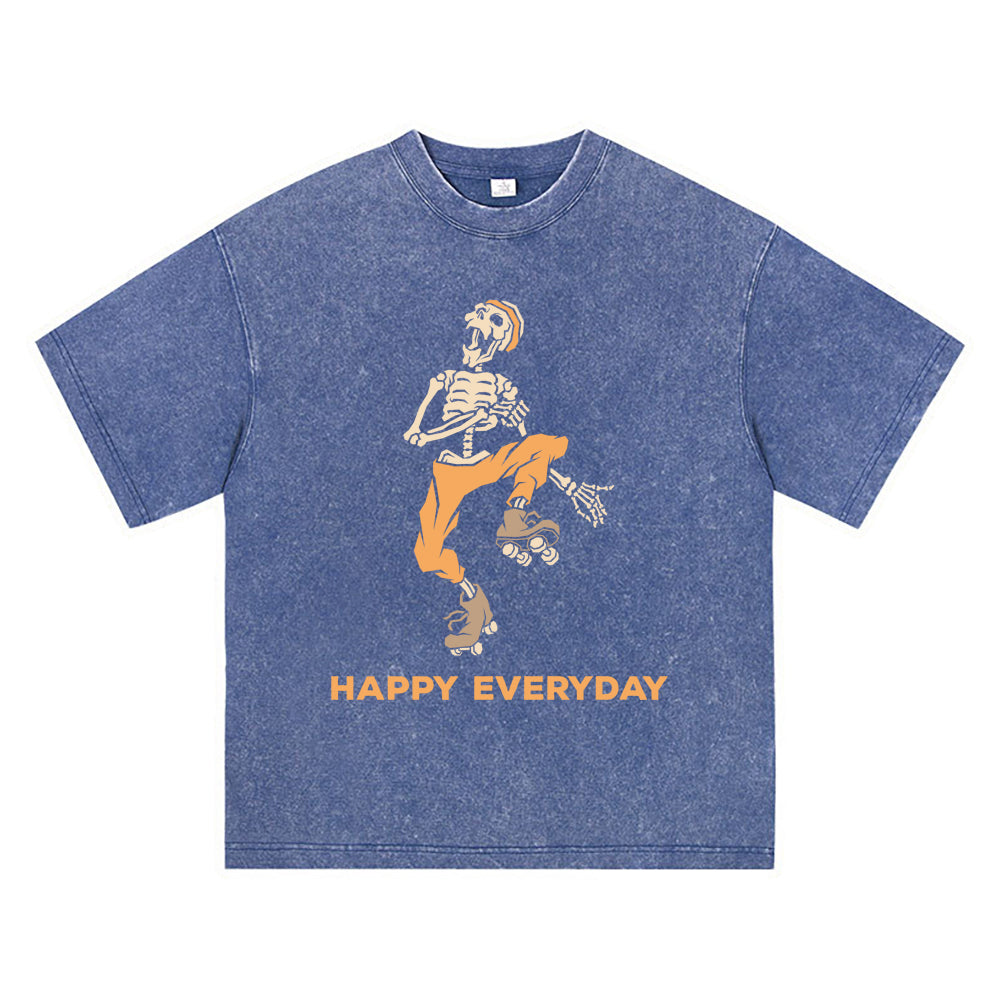 270GSM Heavy Cotton T-SHirt ACID Tees Washed Vintage T-Shirts Skeleton Wearing Roller Skates DTG Print TShirts