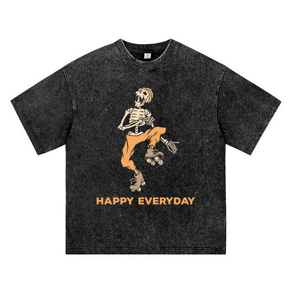 270GSM Heavy Cotton T-SHirt ACID Tees Washed Vintage T-Shirts Skeleton Wearing Roller Skates DTG Print TShirts