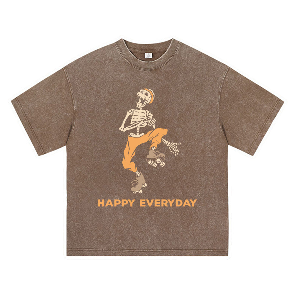 270GSM Heavy Cotton T-SHirt ACID Tees Washed Vintage T-Shirts Skeleton Wearing Roller Skates DTG Print TShirts