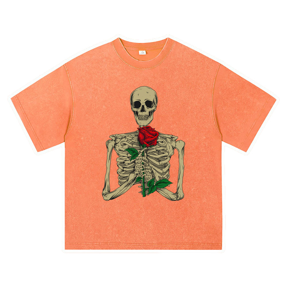 270GSM Heavy Cotton T-SHirt ACID Tees Washed Vintage T-Shirts Skeleton With Rose DTG Print TShirts