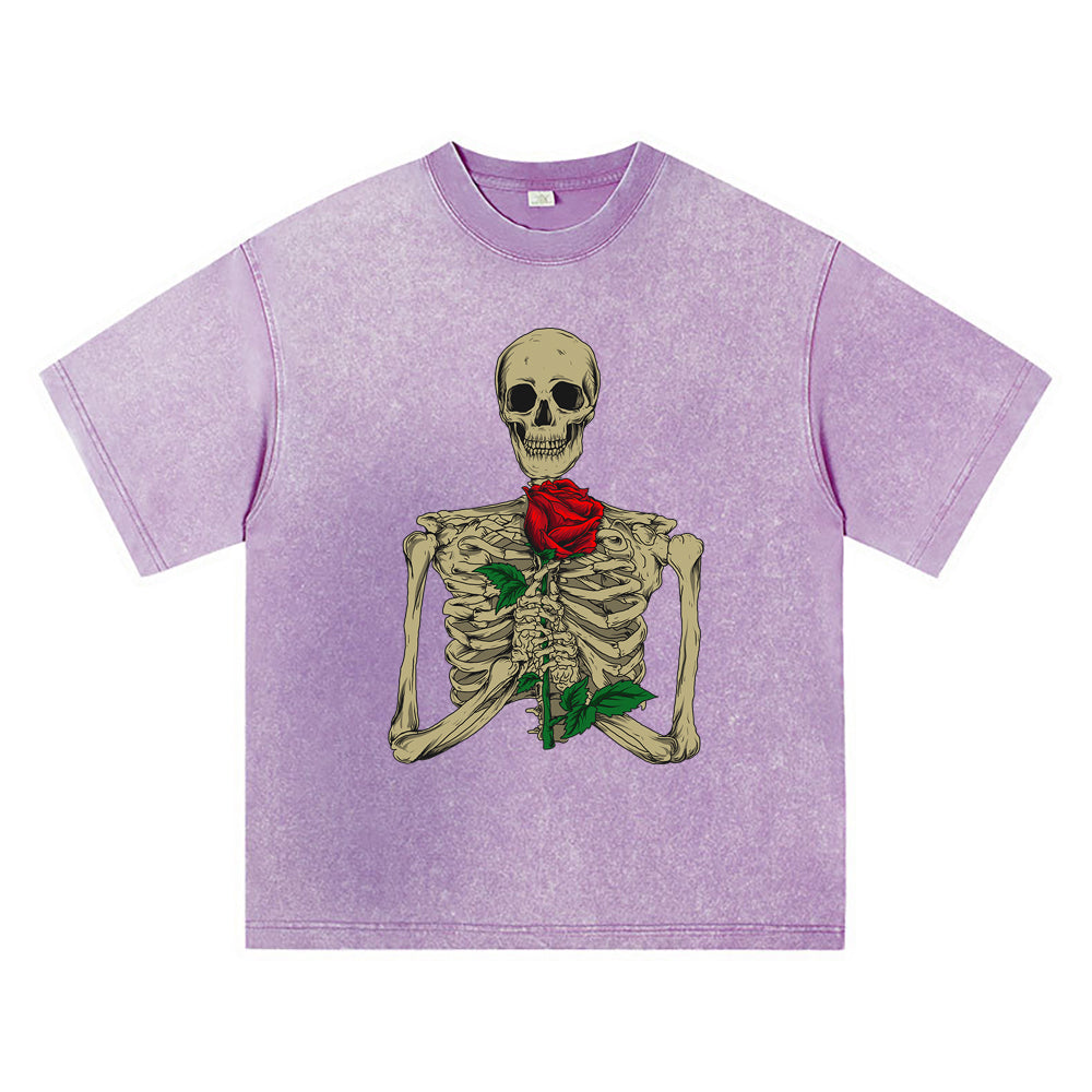 270GSM Heavy Cotton T-SHirt ACID Tees Washed Vintage T-Shirts Skeleton With Rose DTG Print TShirts