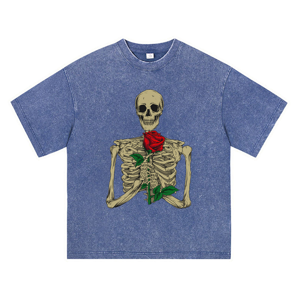 270GSM Heavy Cotton T-SHirt ACID Tees Washed Vintage T-Shirts Skeleton With Rose DTG Print TShirts