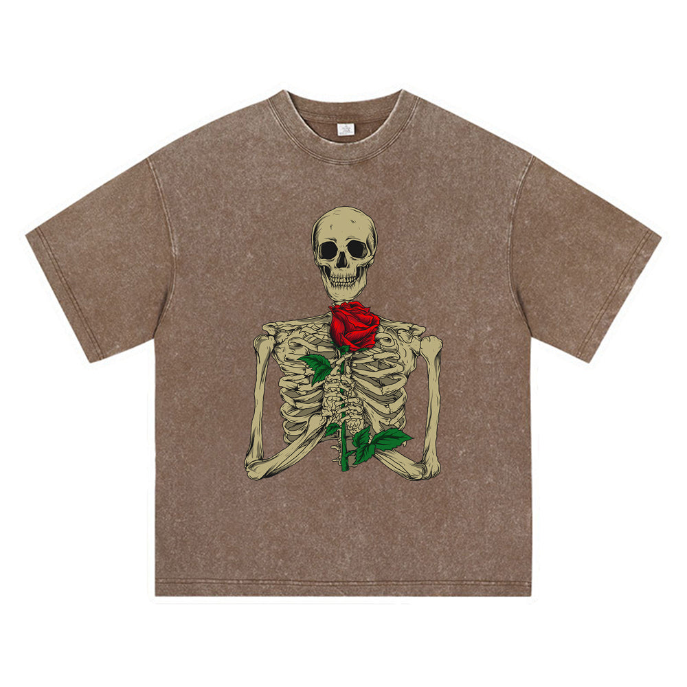 270GSM Heavy Cotton T-SHirt ACID Tees Washed Vintage T-Shirts Skeleton With Rose DTG Print TShirts