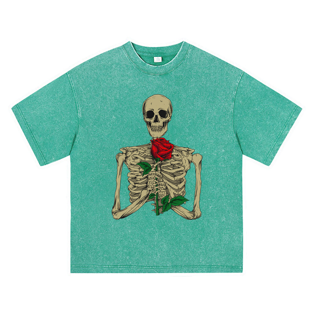 270GSM Heavy Cotton T-SHirt ACID Tees Washed Vintage T-Shirts Skeleton With Rose DTG Print TShirts