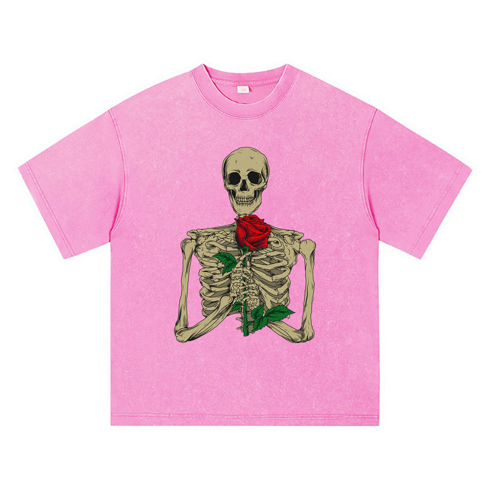 270GSM Heavy Cotton T-SHirt ACID Tees Washed Vintage T-Shirts Skeleton With Rose DTG Print TShirts