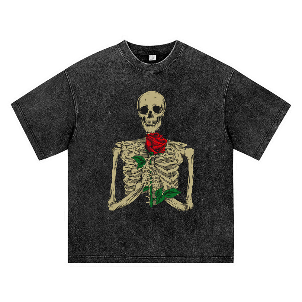 270GSM Heavy Cotton T-SHirt ACID Tees Washed Vintage T-Shirts Skeleton With Rose DTG Print TShirts