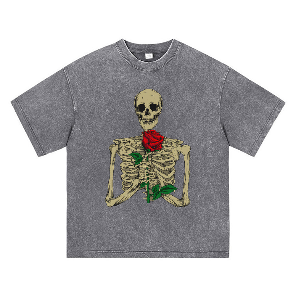 270GSM Heavy Cotton T-SHirt ACID Tees Washed Vintage T-Shirts Skeleton With Rose DTG Print TShirts