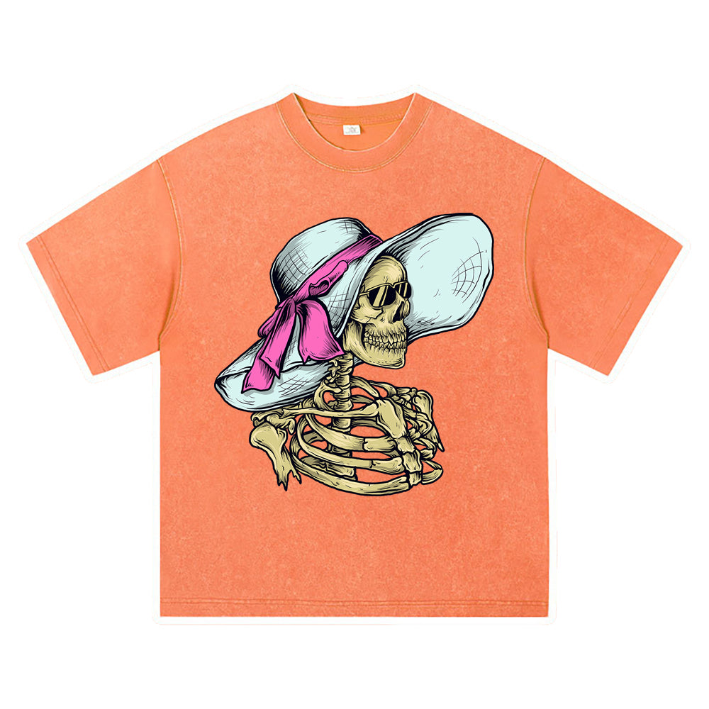 270GSM Heavy Cotton T-SHirt ACID Tees Washed Vintage T-Shirts Skeleton Women With Beach Hat DTG Print TShirts