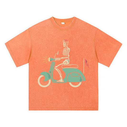 270GSM Heavy Cotton T-SHirt ACID Tees Washed Vintage T-Shirts Skull Riding Scooter DTG Print TShirts