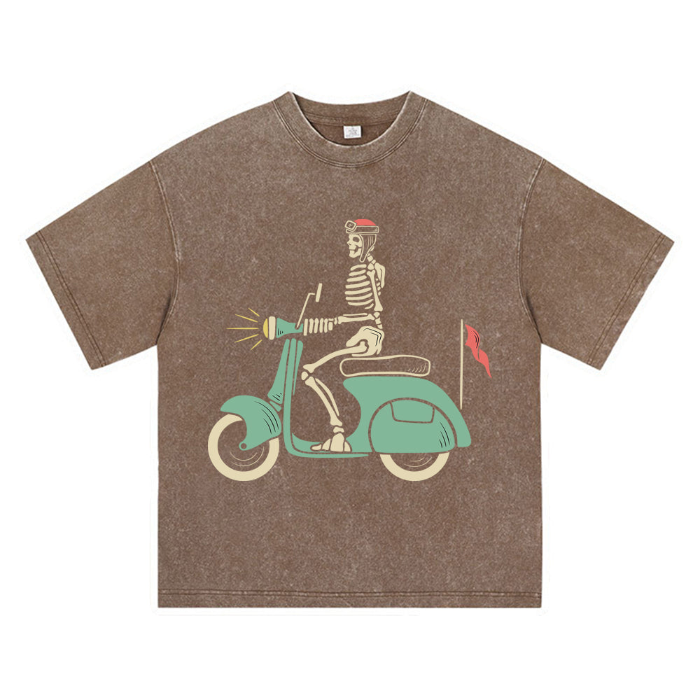 270GSM Heavy Cotton T-SHirt ACID Tees Washed Vintage T-Shirts Skull Riding Scooter DTG Print TShirts