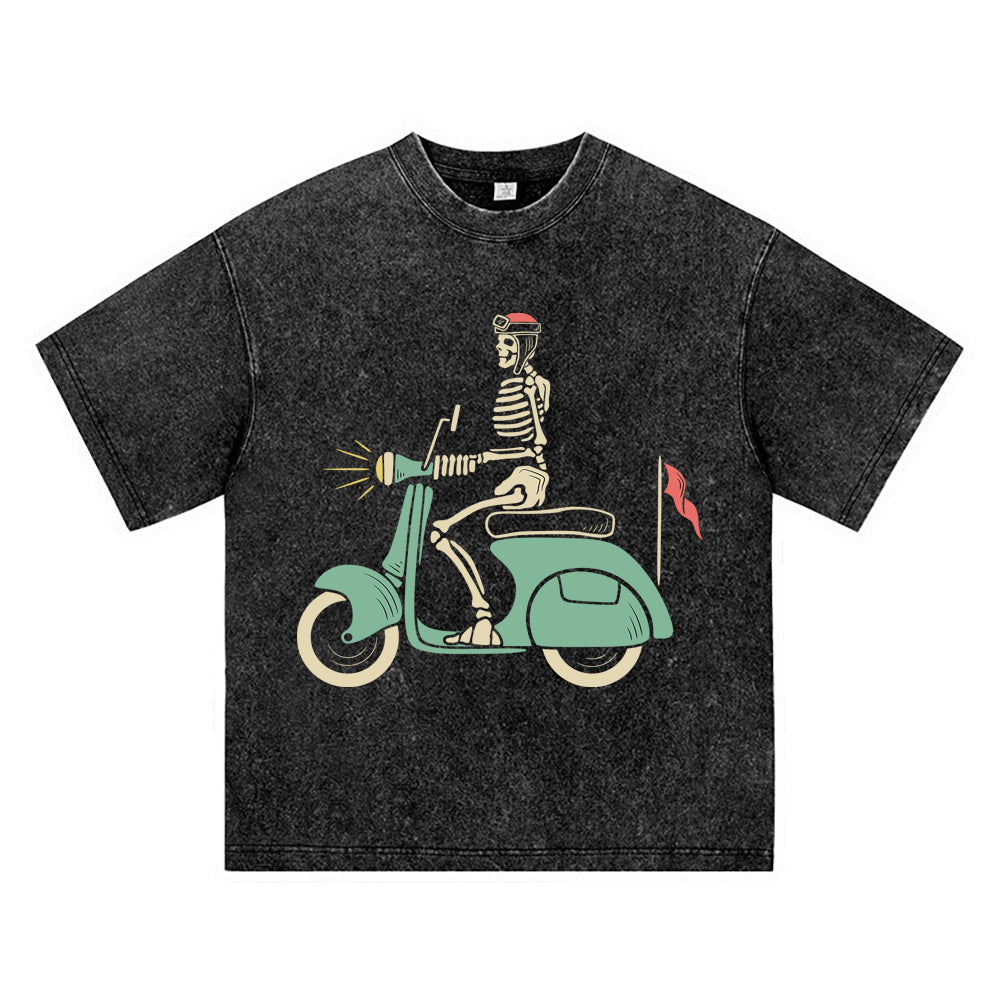 270GSM Heavy Cotton T-SHirt ACID Tees Washed Vintage T-Shirts Skull Riding Scooter DTG Print TShirts