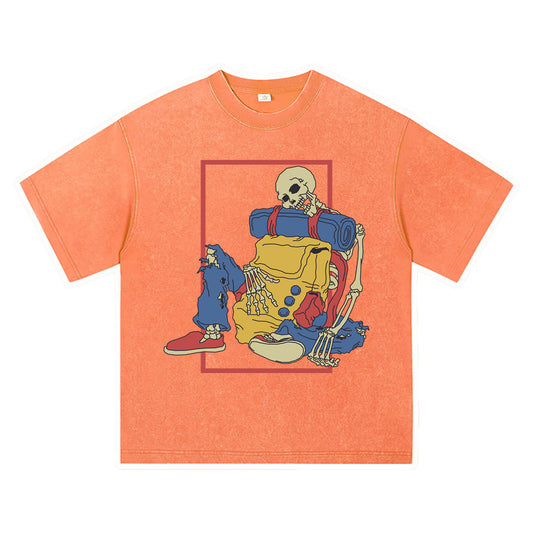 270GSM Heavy Cotton T-SHirt ACID Tees Washed Vintage T-Shirts Tired Adventurer Skeleton DTG Print TShirts