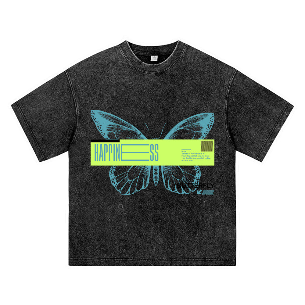 270GSM Heavy Cotton T-SHirt ACID Tees Washed Vintage T-Shirts Happines Butterfly DTG Print TShirts