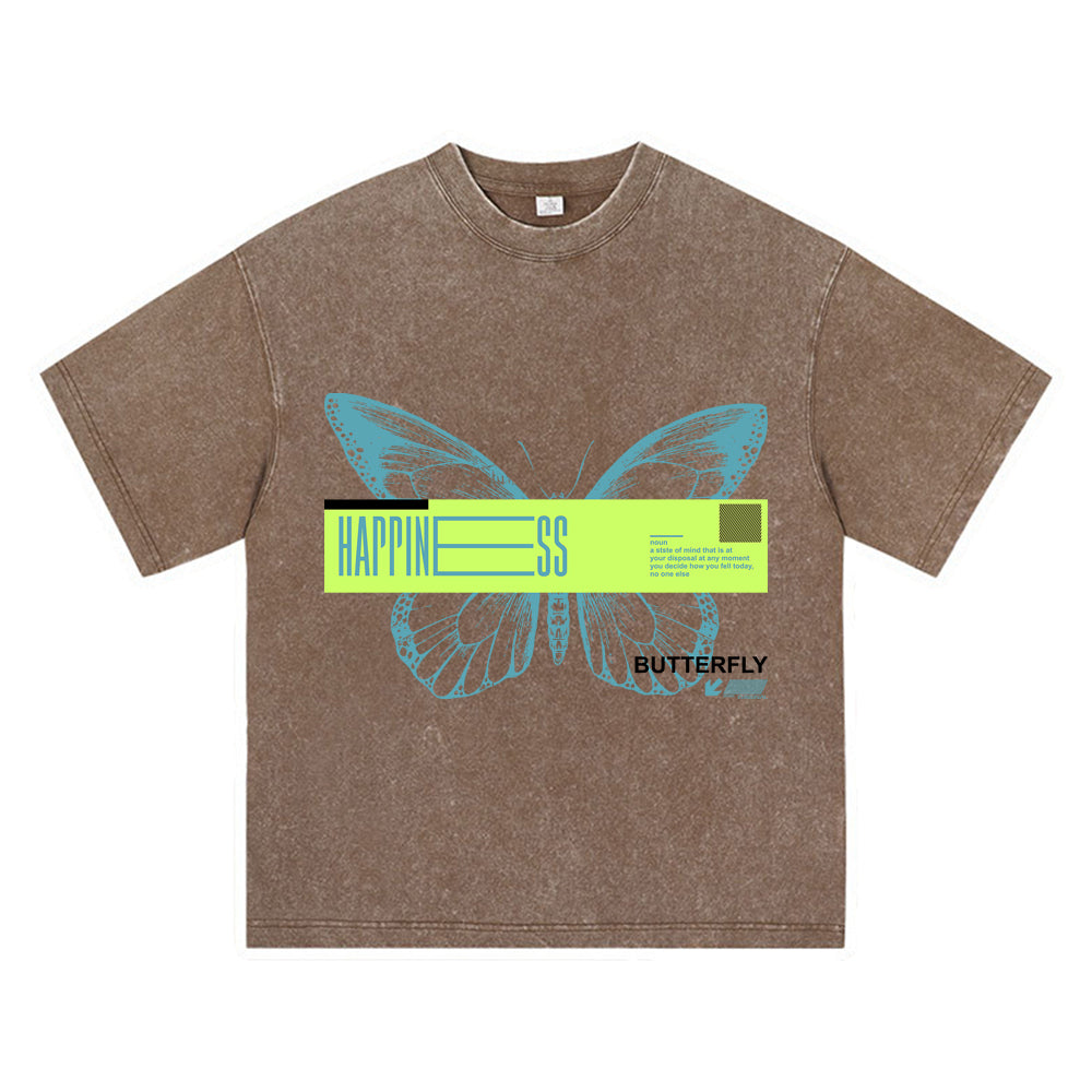 270GSM Heavy Cotton T-SHirt ACID Tees Washed Vintage T-Shirts Happines Butterfly DTG Print TShirts