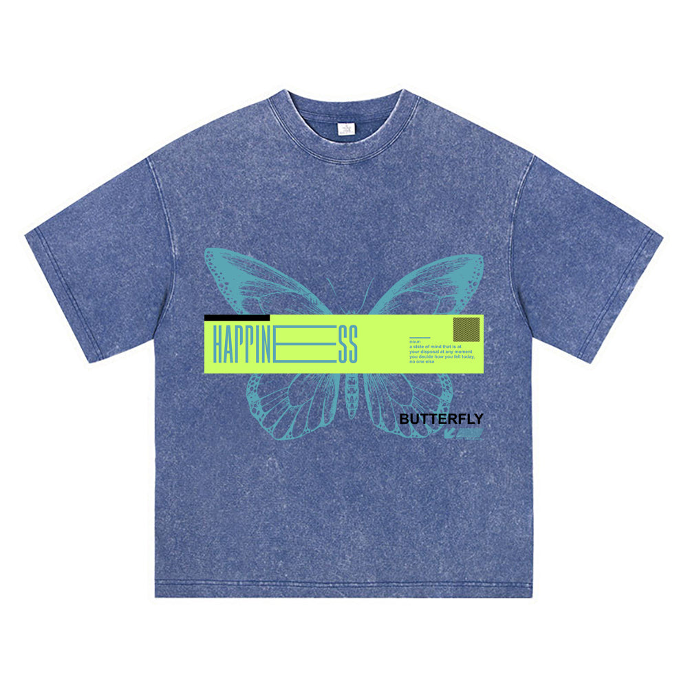 270GSM Heavy Cotton T-SHirt ACID Tees Washed Vintage T-Shirts Happines Butterfly DTG Print TShirts