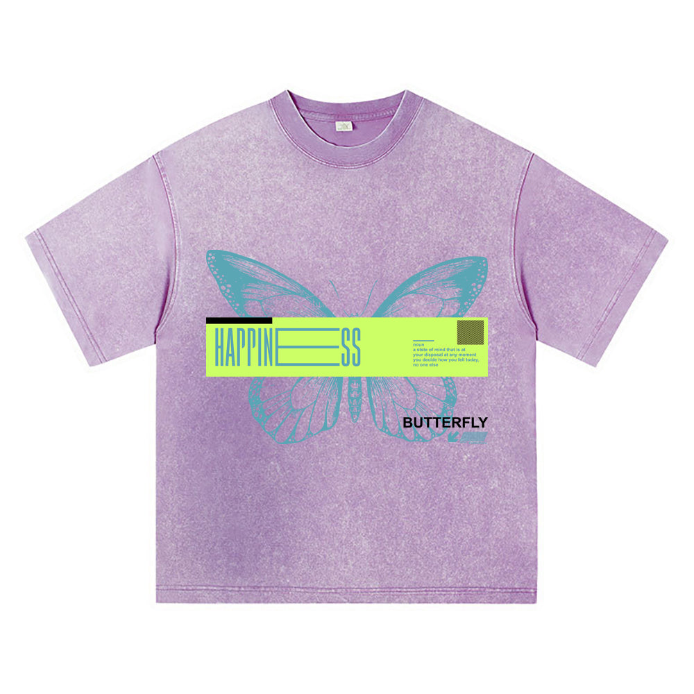 270GSM Heavy Cotton T-SHirt ACID Tees Washed Vintage T-Shirts Happines Butterfly DTG Print TShirts