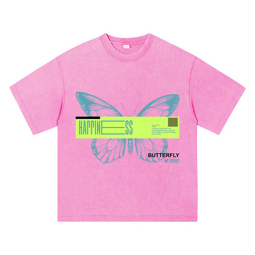 270GSM Heavy Cotton T-SHirt ACID Tees Washed Vintage T-Shirts Happines Butterfly DTG Print TShirts