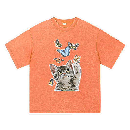 270GSM Heavy Cotton T-SHirt ACID Tees Washed Vintage T-Shirts Cat Paly With Butterfly DTG Print TShirts