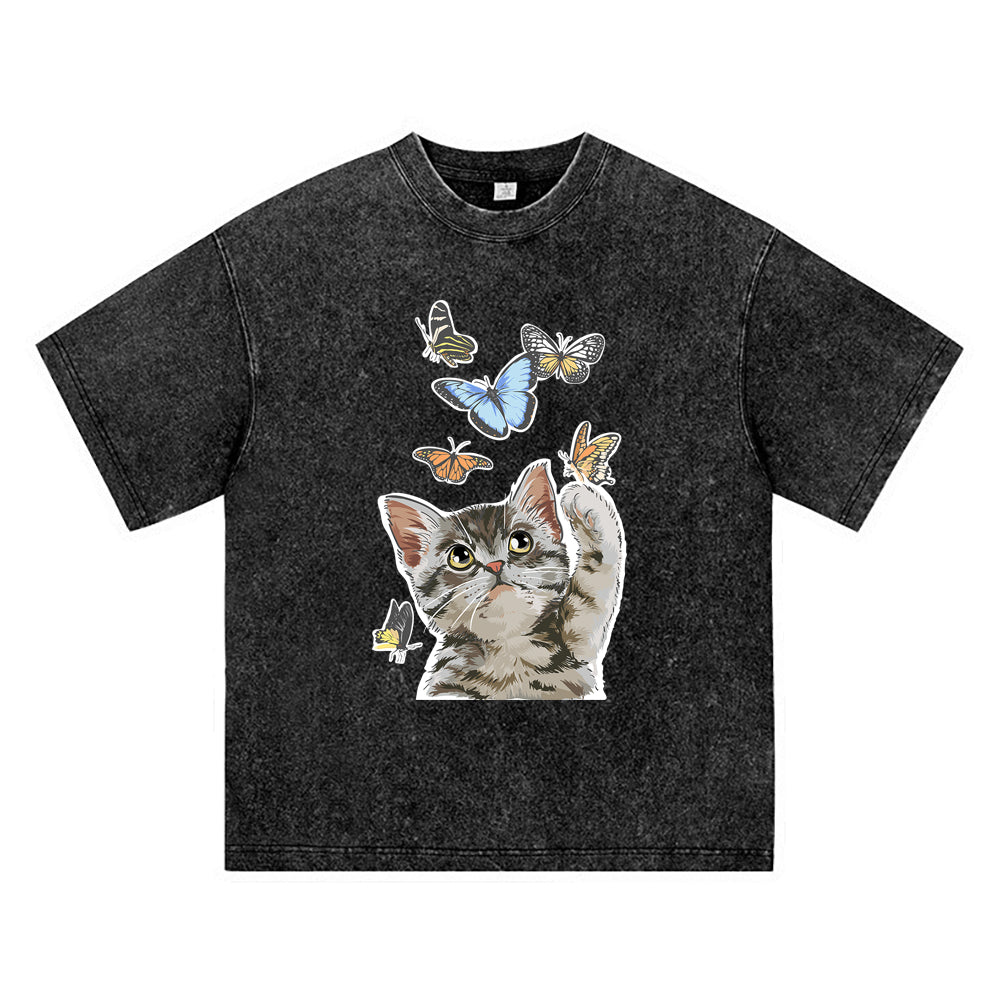 270GSM Heavy Cotton T-SHirt ACID Tees Washed Vintage T-Shirts Cat Paly With Butterfly DTG Print TShirts