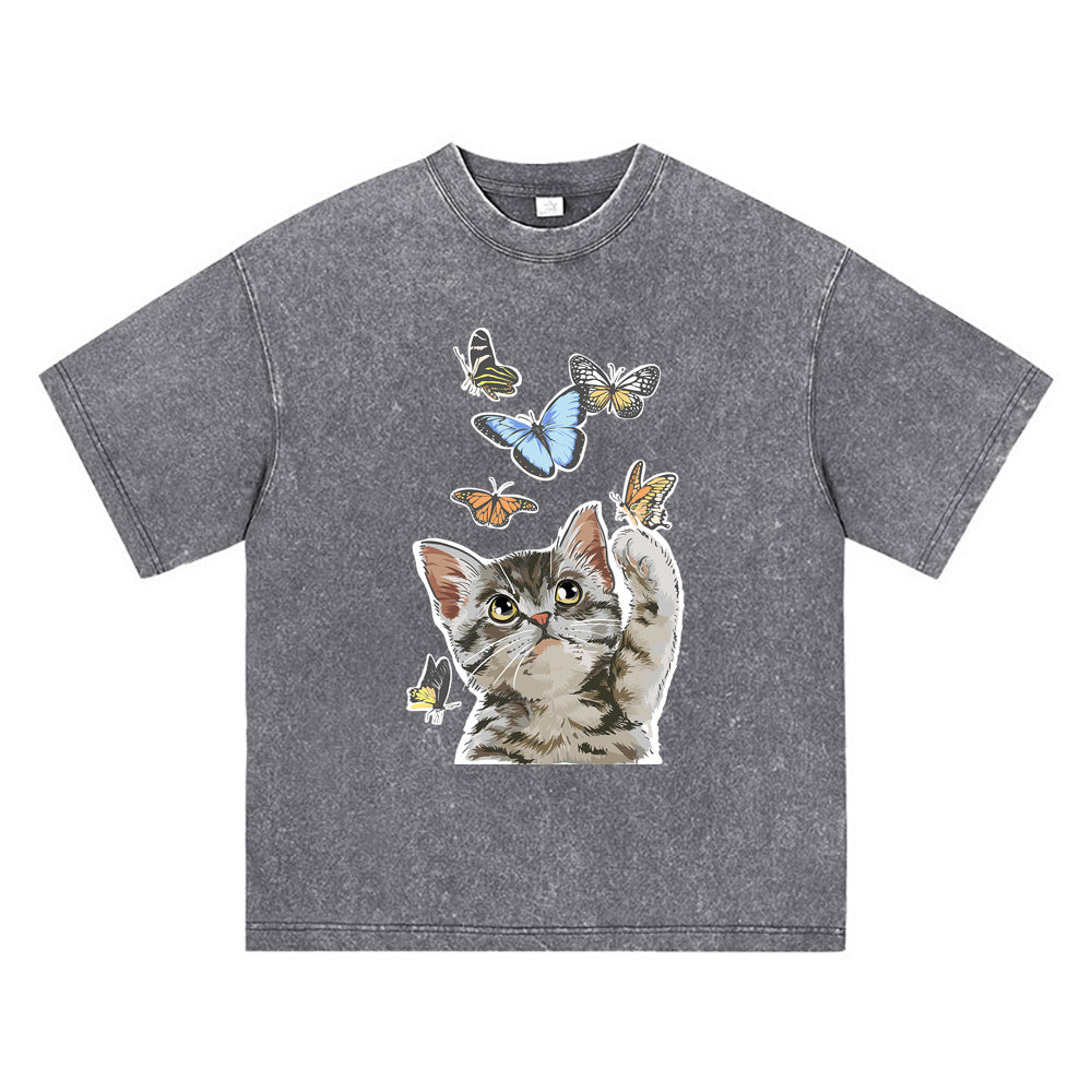 270GSM Heavy Cotton T-SHirt ACID Tees Washed Vintage T-Shirts Cat Paly With Butterfly DTG Print TShirts