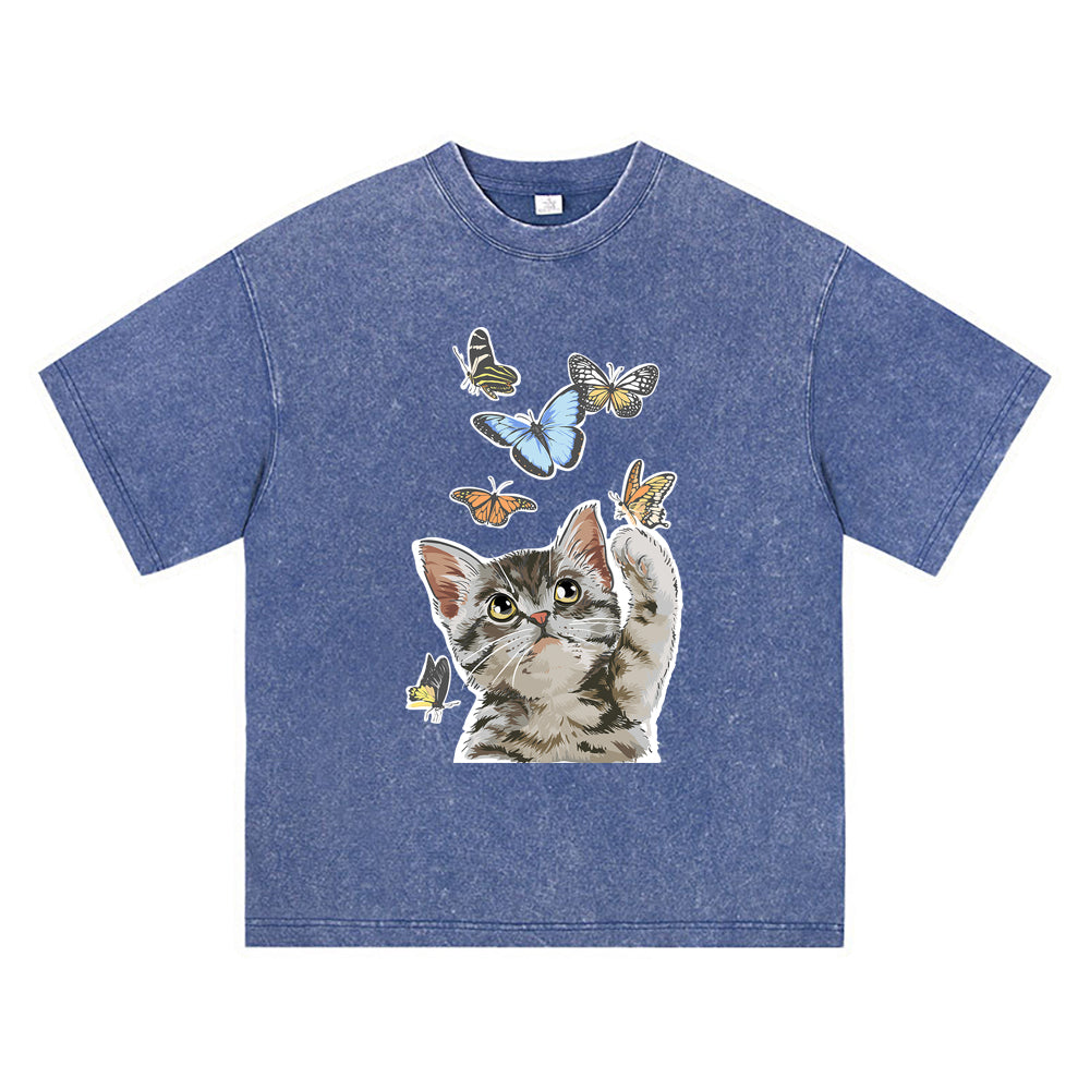 270GSM Heavy Cotton T-SHirt ACID Tees Washed Vintage T-Shirts Cat Paly With Butterfly DTG Print TShirts