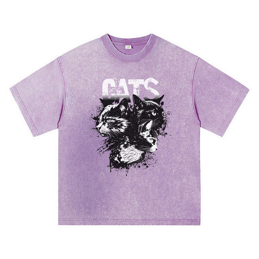 270GSM Heavy Cotton T-SHirt ACID Tees Washed Vintage T-Shirts Cats DTG Print TShirts